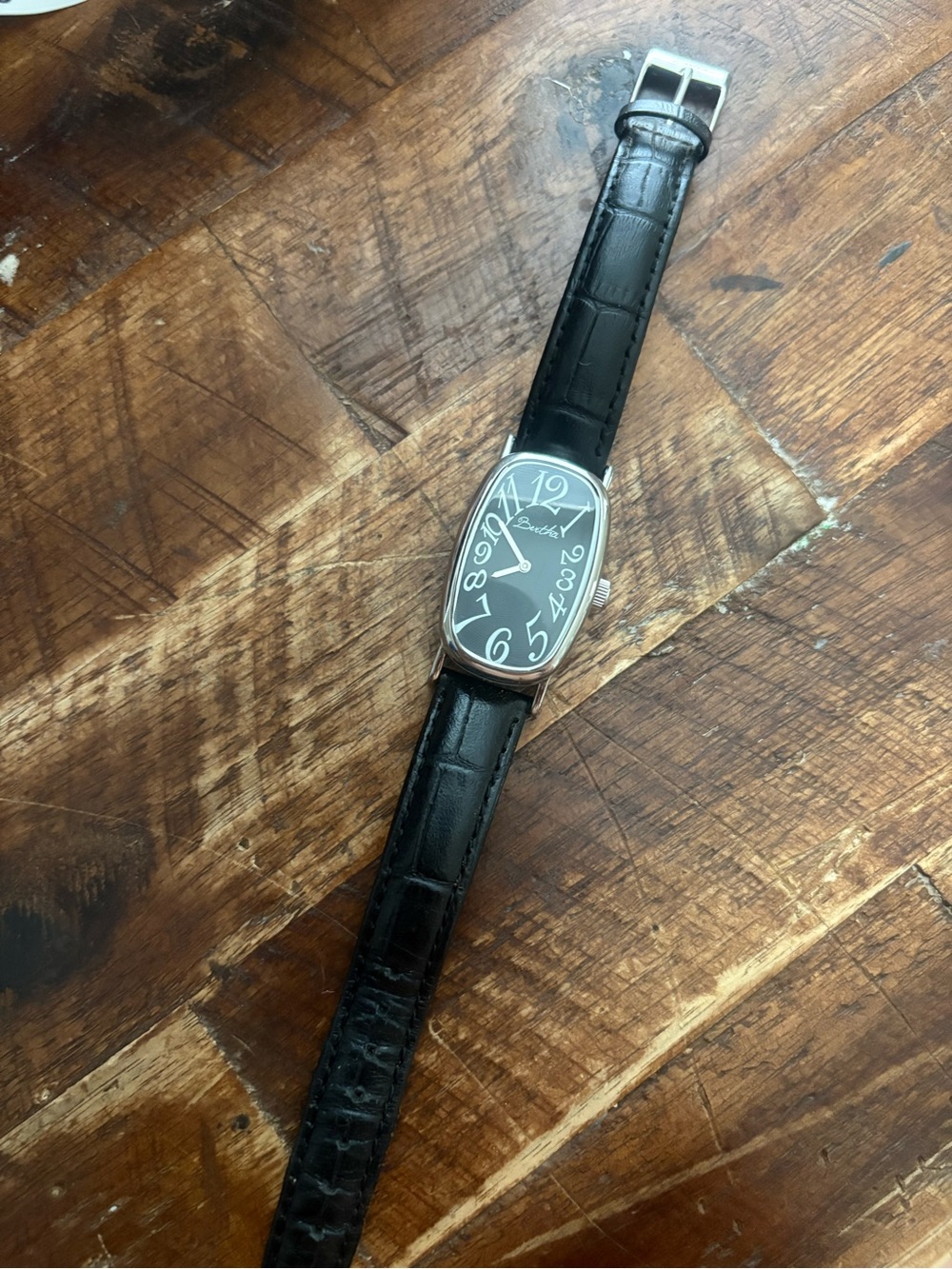 Vintage Bertha Black Leather Strap Watch Art Deco Tonneau Face Silver Tone